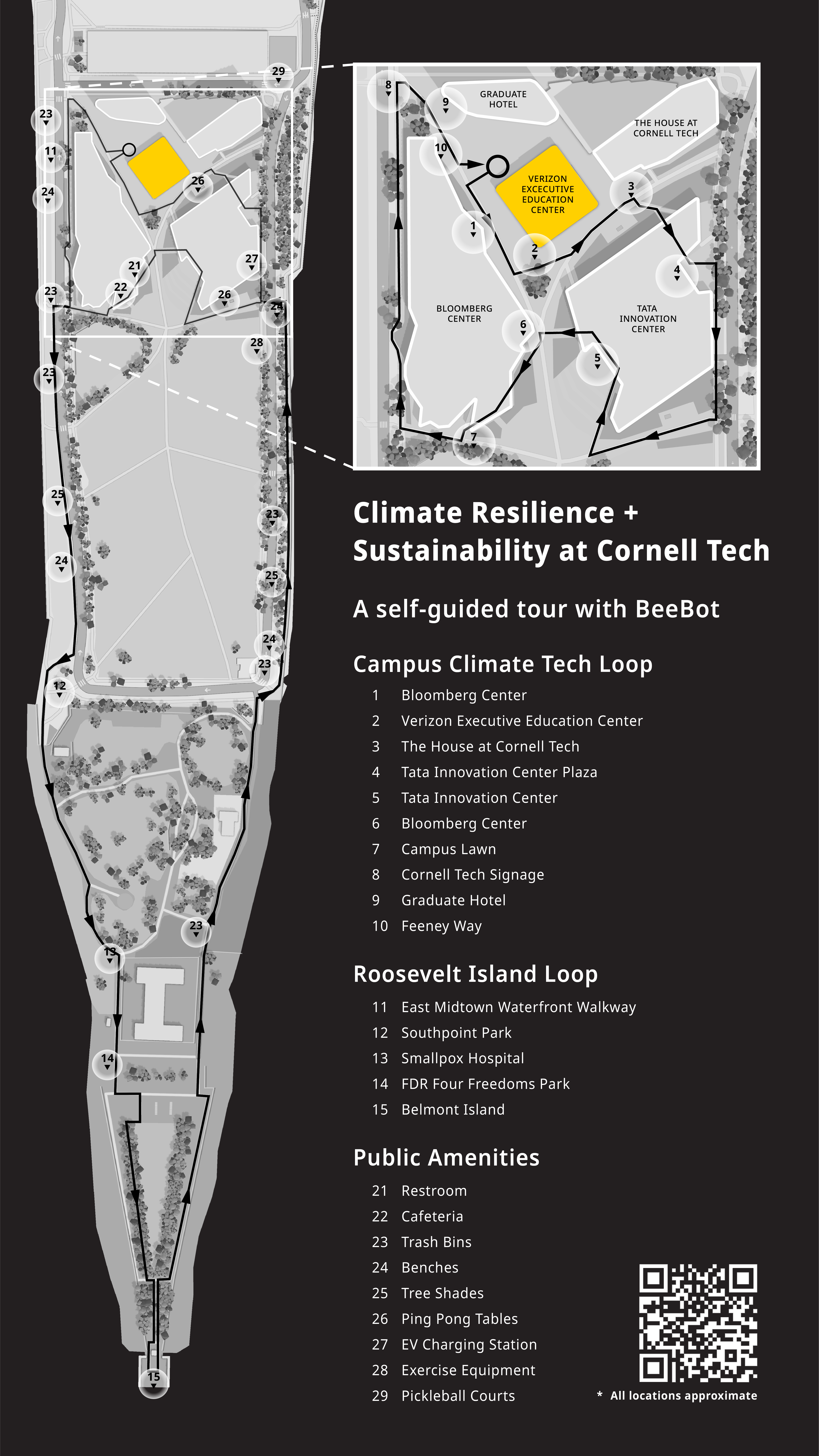 Map of Cornell Tech campus interactive climate resilience and sustainability tour.